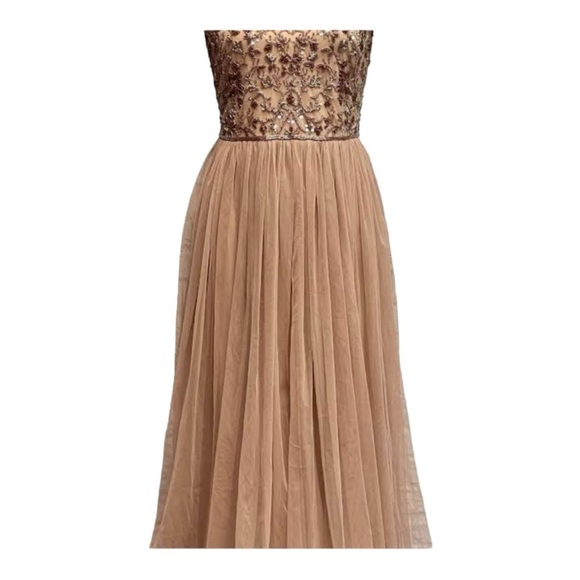 ADRIANNA PAPELL Rose Gold Beaded Embroidered Tulle Maxi Gown Dress 10 - Picture 10 of 15
